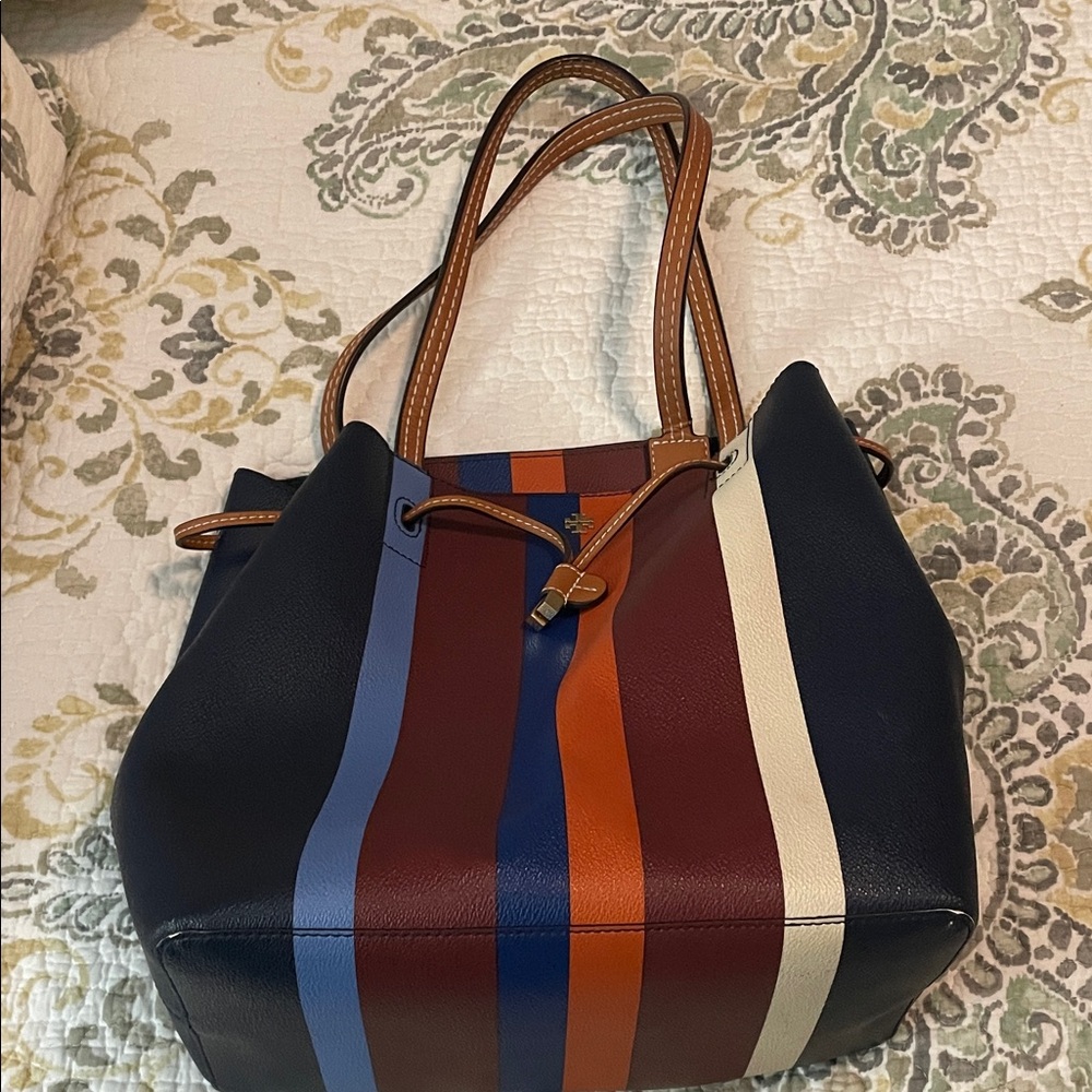 Tory Burch Navy and Multicolor Striped Tote